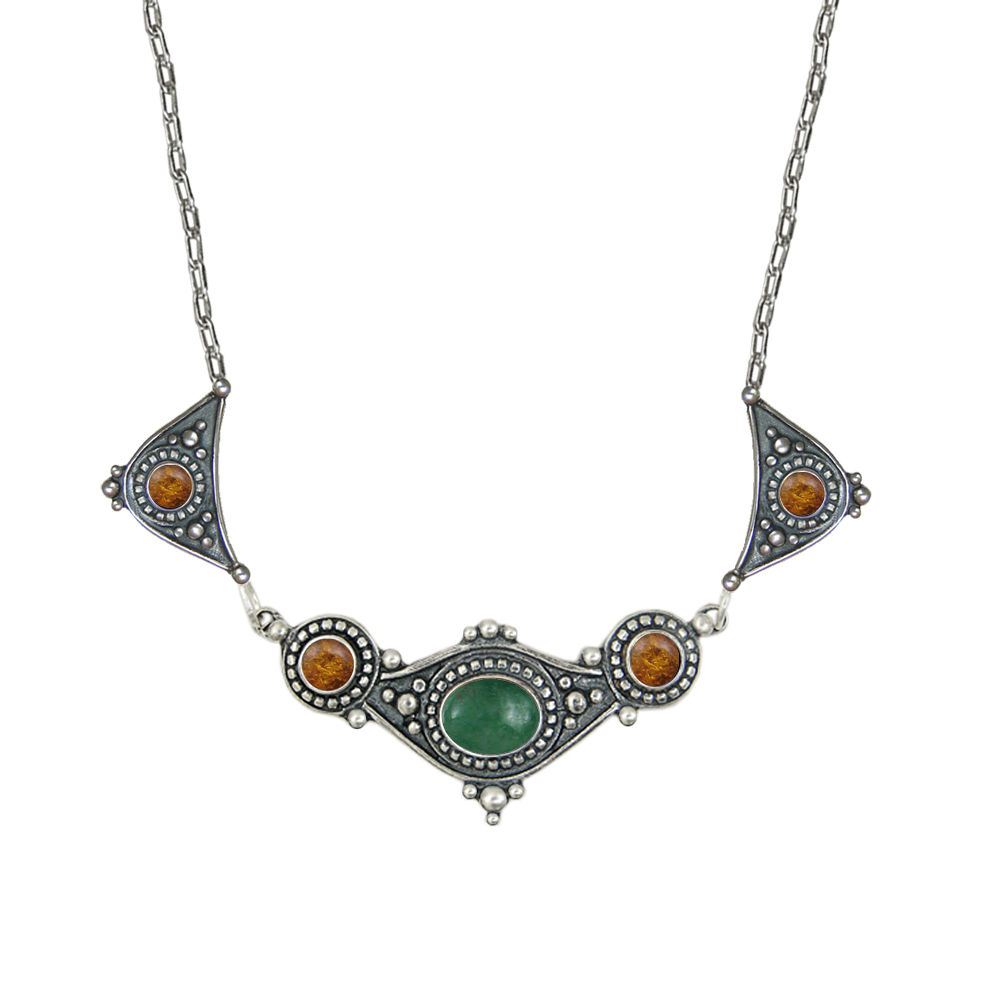 Sterling Silver Romantic Necklace With Jade And Amber